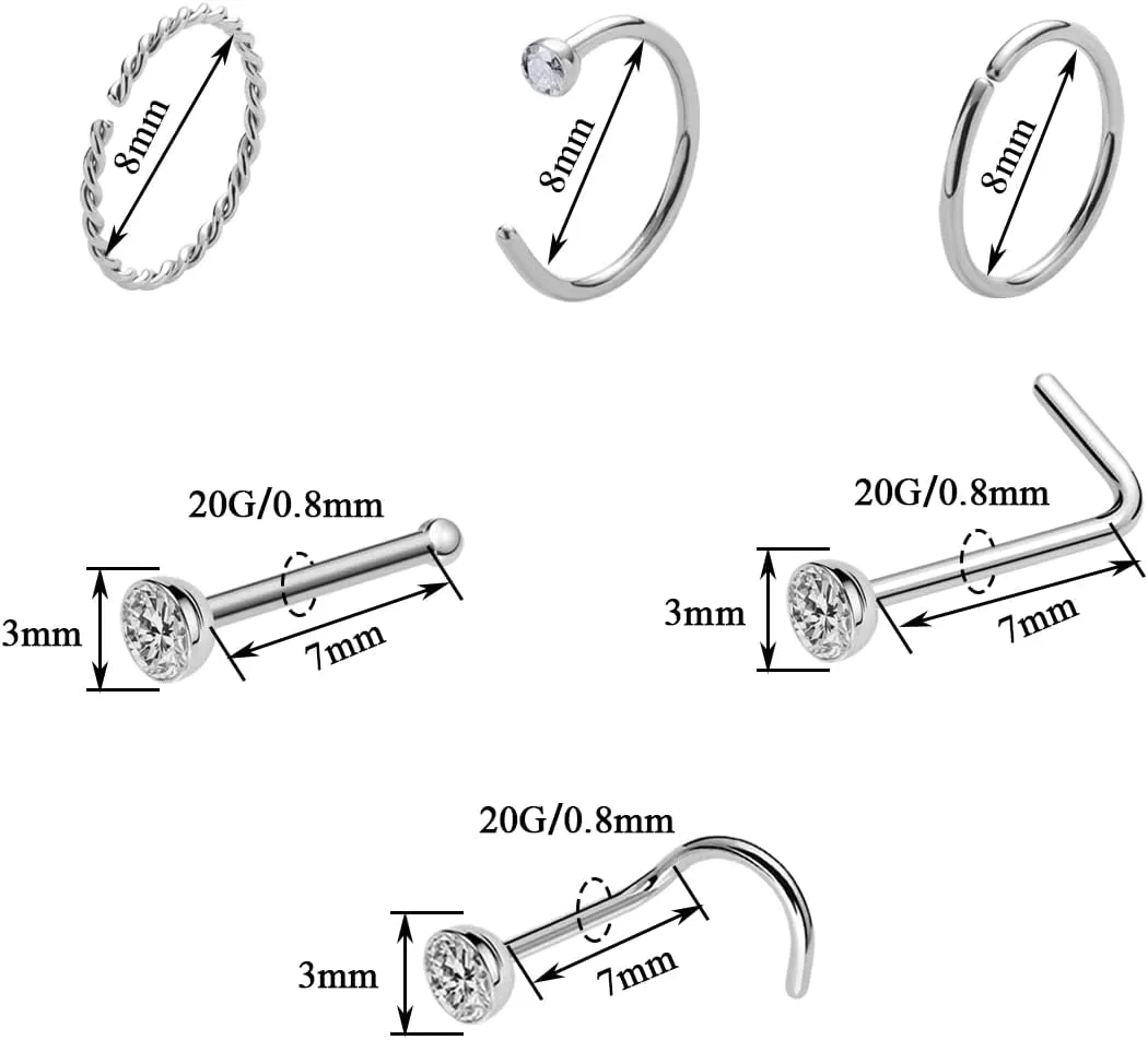 20 Gauge Nose Ring Hoop Stainless Steel Nose Rings for Women Men Round CZ L Shaped Nose Studs Nose Screw Bone Rings Set Nose Piercing Jewelry Hoops Nose Rings Silver Black 12Pcs