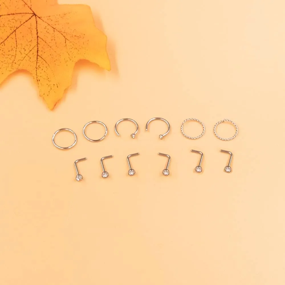 20 Gauge Nose Ring Hoop Stainless Steel Nose Rings for Women Men Round CZ L Shaped Nose Studs Nose Screw Bone Rings Set Nose Piercing Jewelry Hoops Nose Rings Silver Black 12Pcs