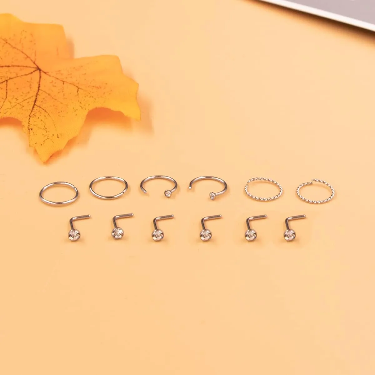 20 Gauge Nose Ring Hoop Stainless Steel Nose Rings for Women Men Round CZ L Shaped Nose Studs Nose Screw Bone Rings Set Nose Piercing Jewelry Hoops Nose Rings Silver Black 12Pcs