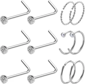 20 Gauge Nose Ring Hoop Stainless Steel Nose Rings for Women Men Round CZ L Shaped Nose Studs Nose Screw Bone Rings Set Nose Piercing Jewelry Hoops Nose Rings Silver Black 12Pcs