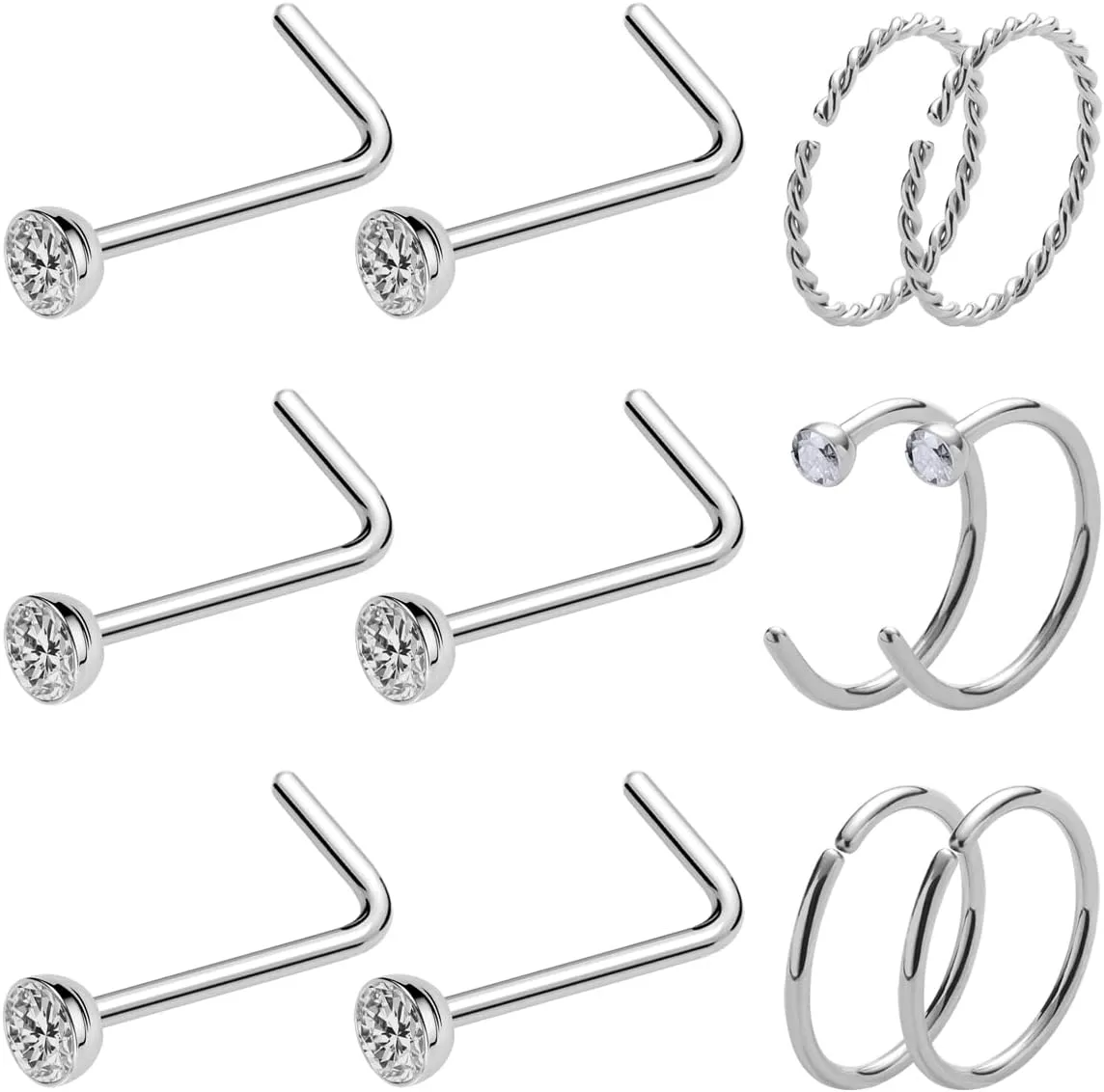 20 Gauge Nose Ring Hoop Stainless Steel Nose Rings for Women Men Round CZ L Shaped Nose Studs Nose Screw Bone Rings Set Nose Piercing Jewelry Hoops Nose Rings Silver Black 12Pcs