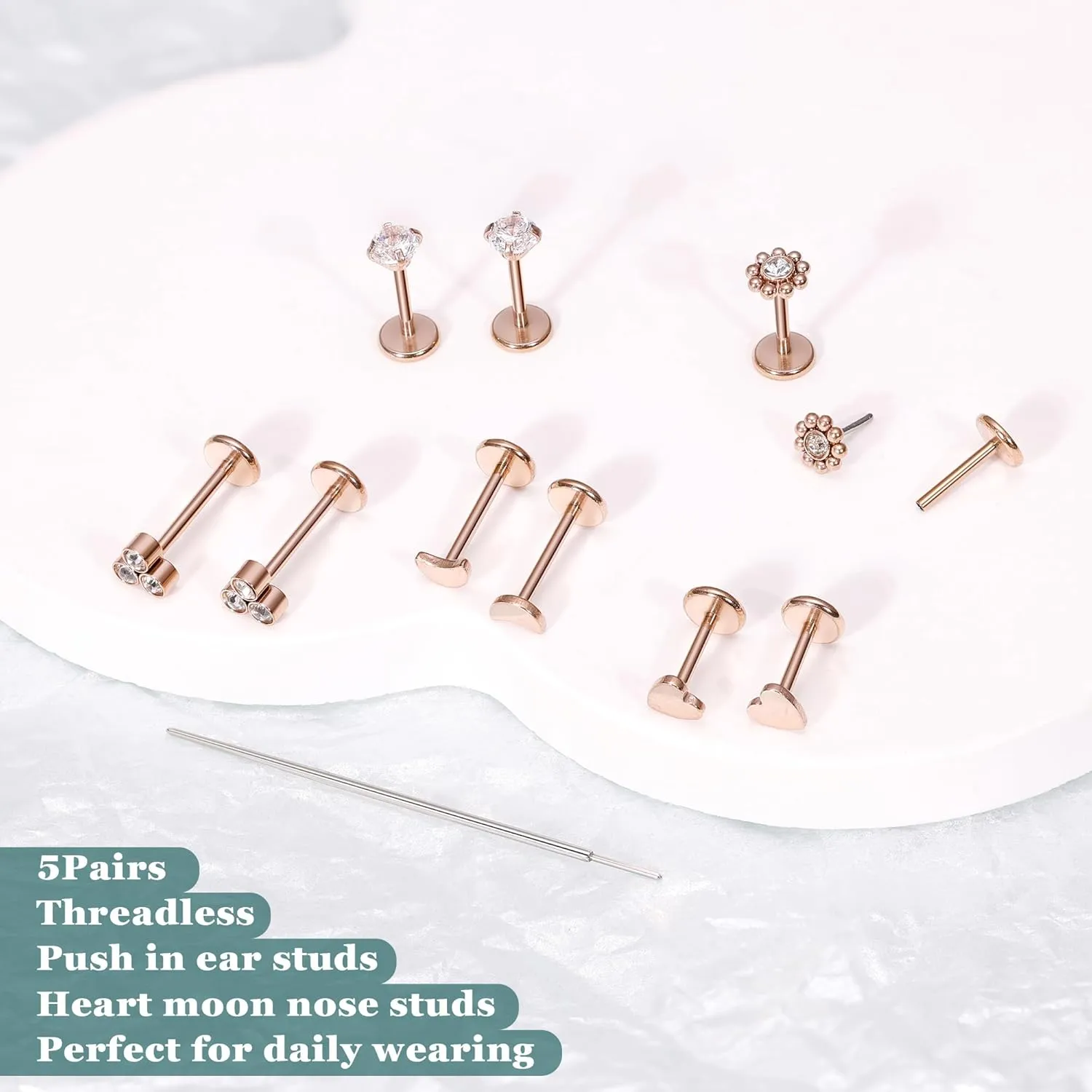 20G 5Pairs 316L Stainless Steel Threadless Stud Earring for Women Hypoallergenic Star Moon Push in Nose Studs Threadless Flat Back Earring Cartilage Helix Tragus Conch Labret Stud Piercing