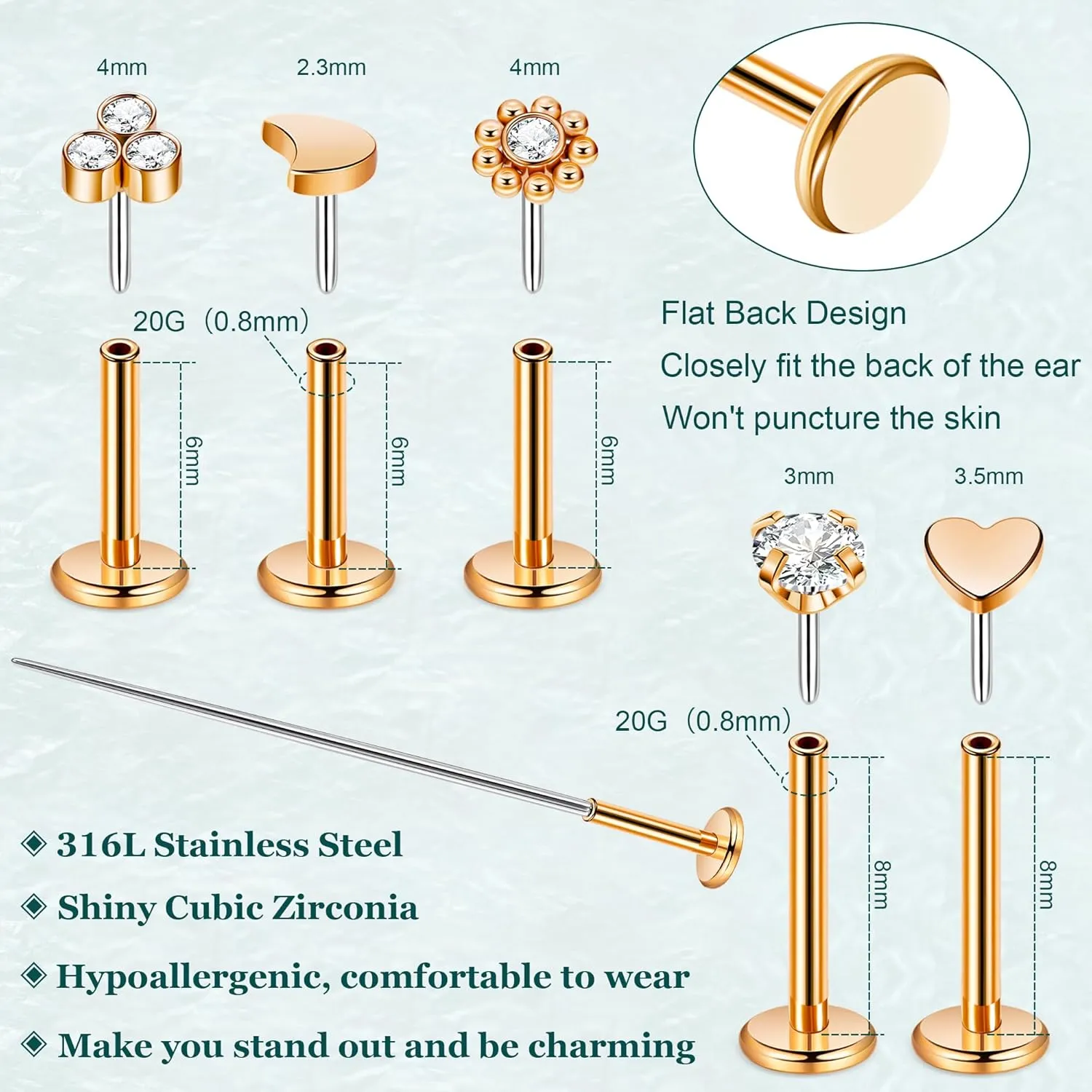 20G 5Pairs 316L Stainless Steel Threadless Stud Earring for Women Hypoallergenic Star Moon Push in Nose Studs Threadless Flat Back Earring Cartilage Helix Tragus Conch Labret Stud Piercing