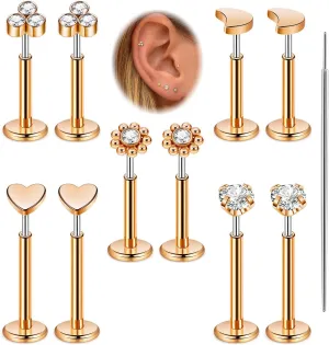 20G 5Pairs 316L Stainless Steel Threadless Stud Earring for Women Hypoallergenic Star Moon Push in Nose Studs Threadless Flat Back Earring Cartilage Helix Tragus Conch Labret Stud Piercing