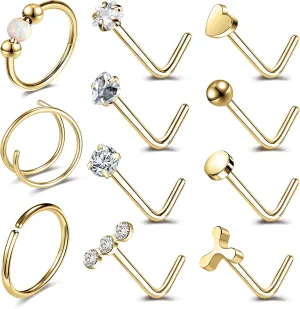 20G Nose Ring Studs 316L Surgical Steel Gold Nose Studs Opalite Nose Rings Double Hoop Nose Ring for Women CZ Nostril Piercing Jewelry Cartilage Earrings Body Piercing Jewelry