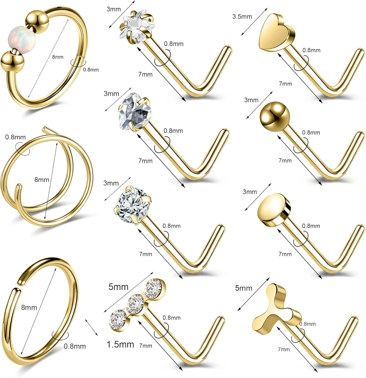 20G Nose Ring Studs 316L Surgical Steel Gold Nose Studs Opalite Nose Rings Double Hoop Nose Ring for Women CZ Nostril Piercing Jewelry Cartilage Earrings Body Piercing Jewelry