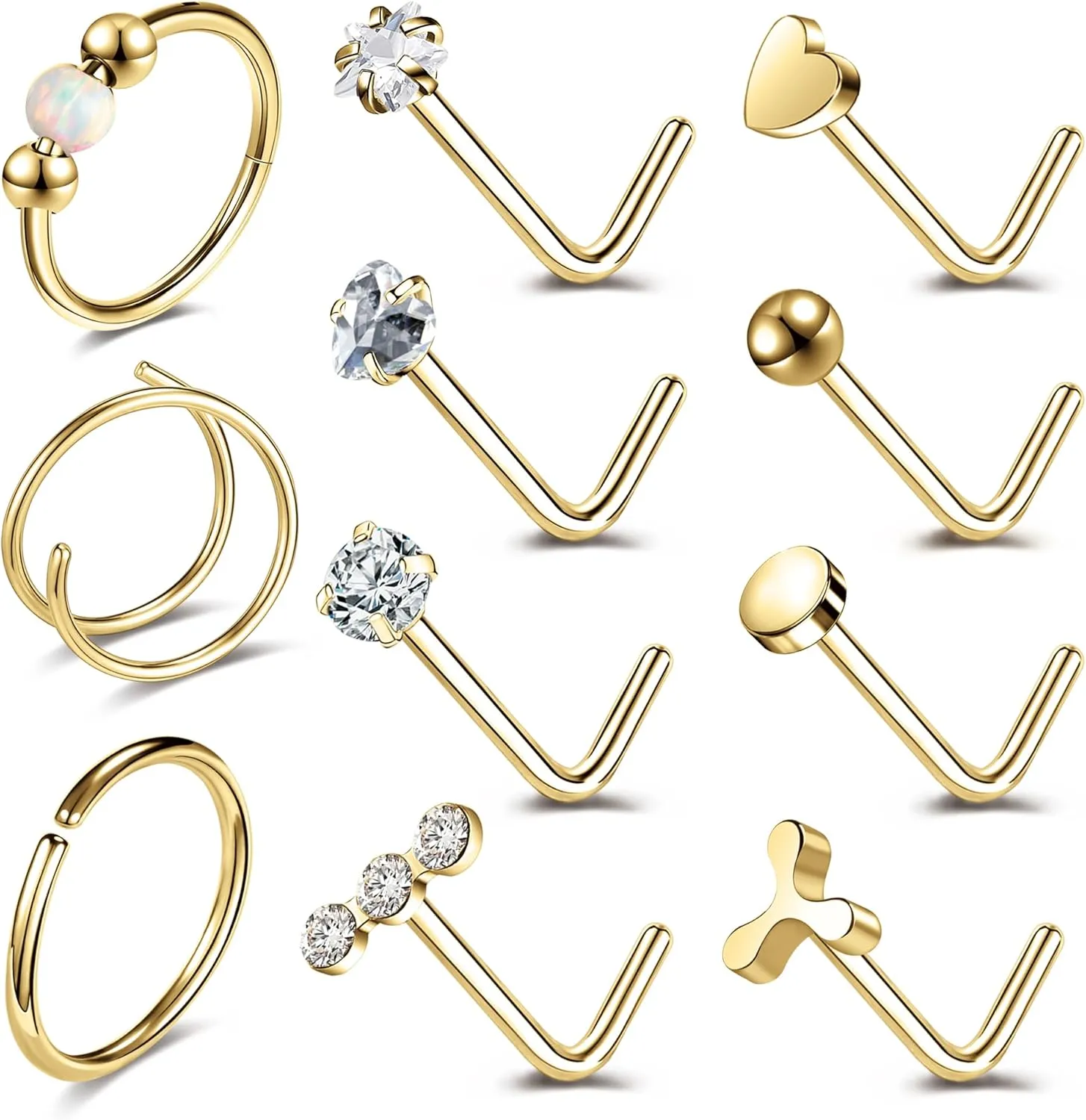 20G Nose Ring Studs 316L Surgical Steel Gold Nose Studs Opalite Nose Rings Double Hoop Nose Ring for Women CZ Nostril Piercing Jewelry Cartilage Earrings Body Piercing Jewelry