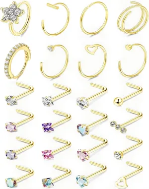 20G Stainless Steel Nose Rings, L Shaped Nose Studs and Nose Rings Hoops, Cute Heart Square CZ Nose Screw Piercing Jewelry 24Pcs Silver Gold For Women