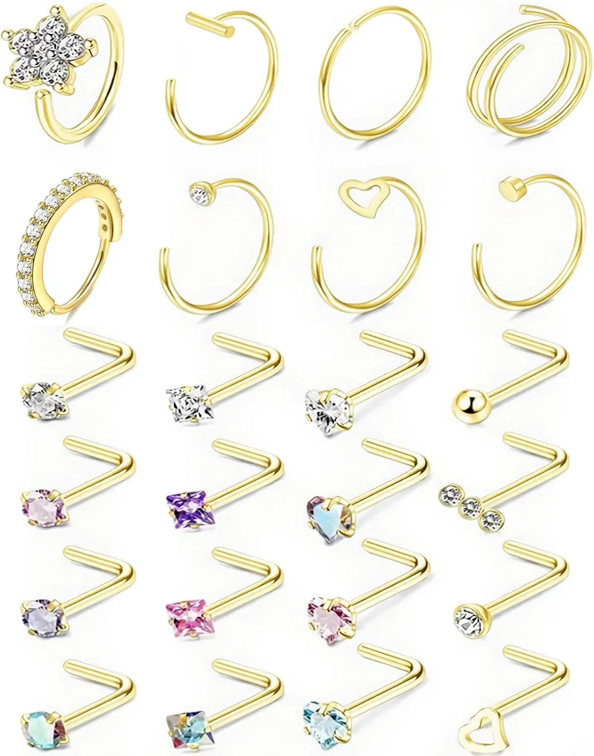 20G Stainless Steel Nose Rings, L Shaped Nose Studs and Nose Rings Hoops, Cute Heart Square CZ Nose Screw Piercing Jewelry 24Pcs Silver Gold For Women