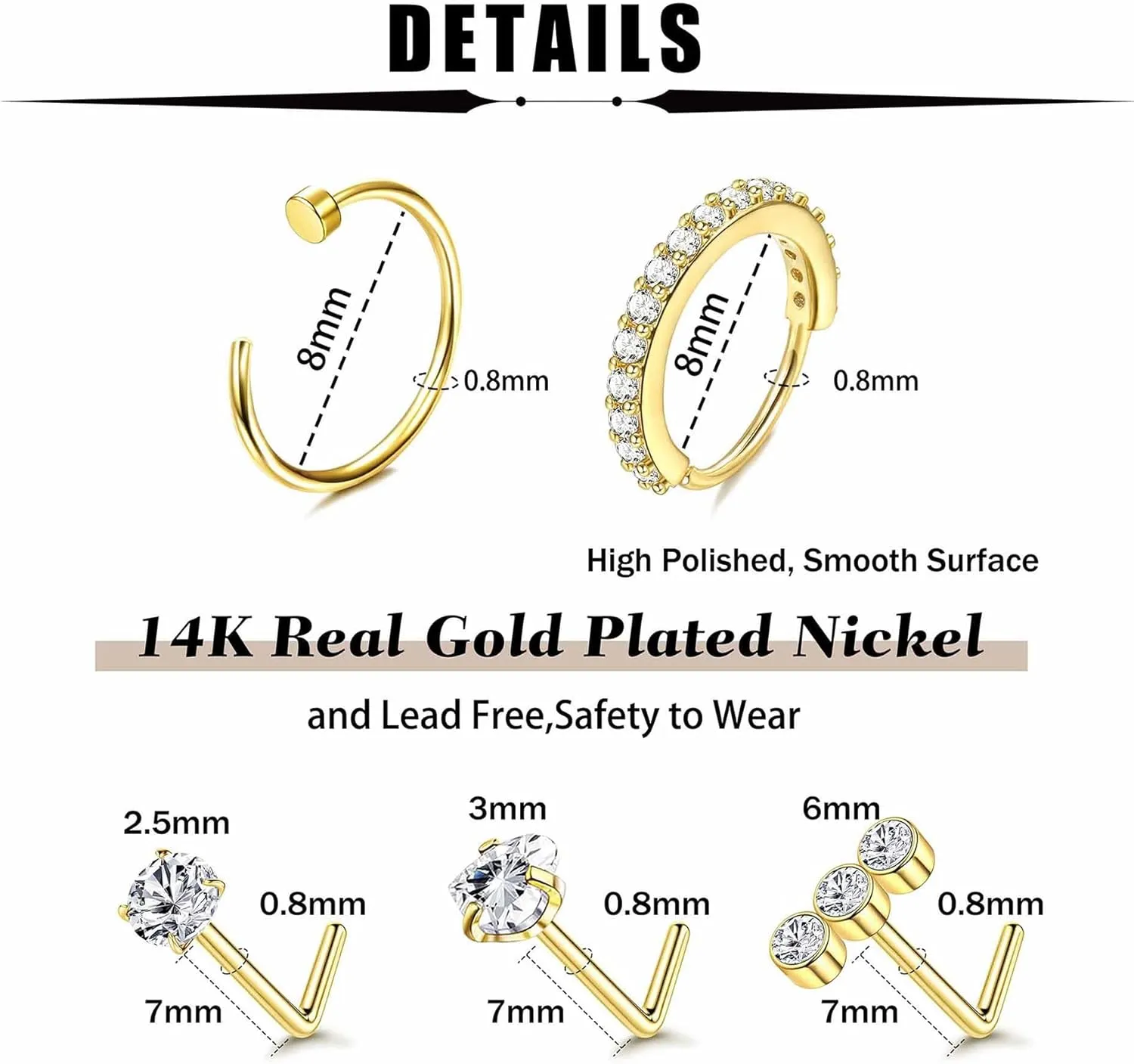 20G Stainless Steel Nose Rings, L Shaped Nose Studs and Nose Rings Hoops, Cute Heart Square CZ Nose Screw Piercing Jewelry 24Pcs Silver Gold For Women