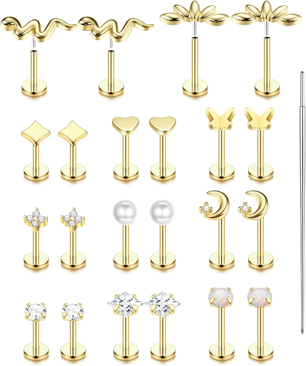 20G/16G Threadless Flat Back Earrings for Women 316L Surgical Steel Push in CZ Cartilage Stud Earrings Hypoallergenic Nose Rings Studs Conch Tragus Body Piercing Jewelry 6mm 7mm 8mm Length