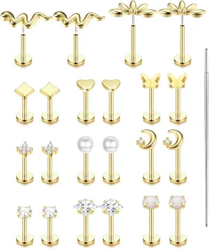 20G/16G Threadless Flat Back Earrings for Women 316L Surgical Steel Push in CZ Cartilage Stud Earrings Hypoallergenic Nose Rings Studs Conch Tragus Body Piercing Jewelry 6mm 7mm 8mm Length