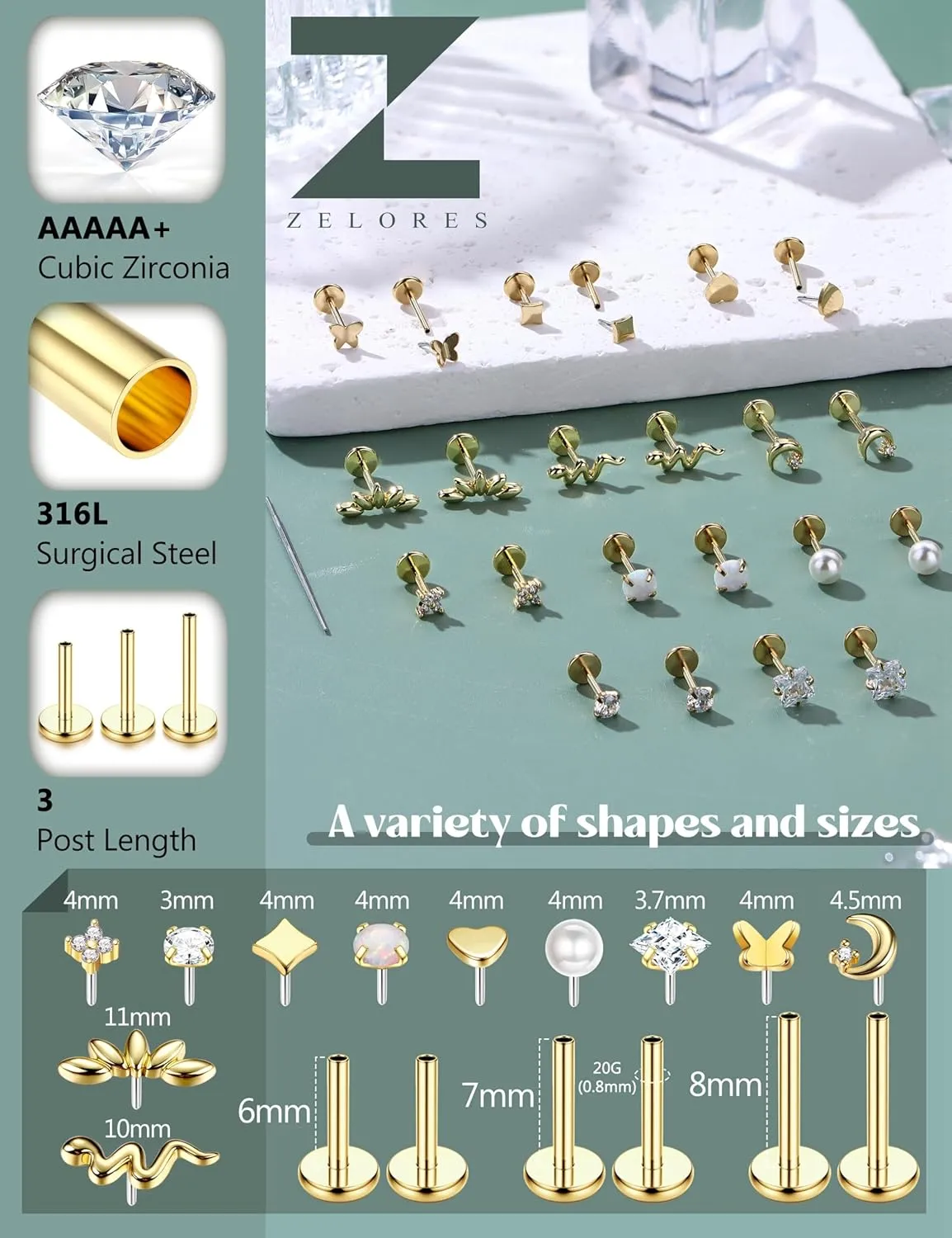 20G/16G Threadless Flat Back Earrings for Women 316L Surgical Steel Push in CZ Cartilage Stud Earrings Hypoallergenic Nose Rings Studs Conch Tragus Body Piercing Jewelry 6mm 7mm 8mm Length