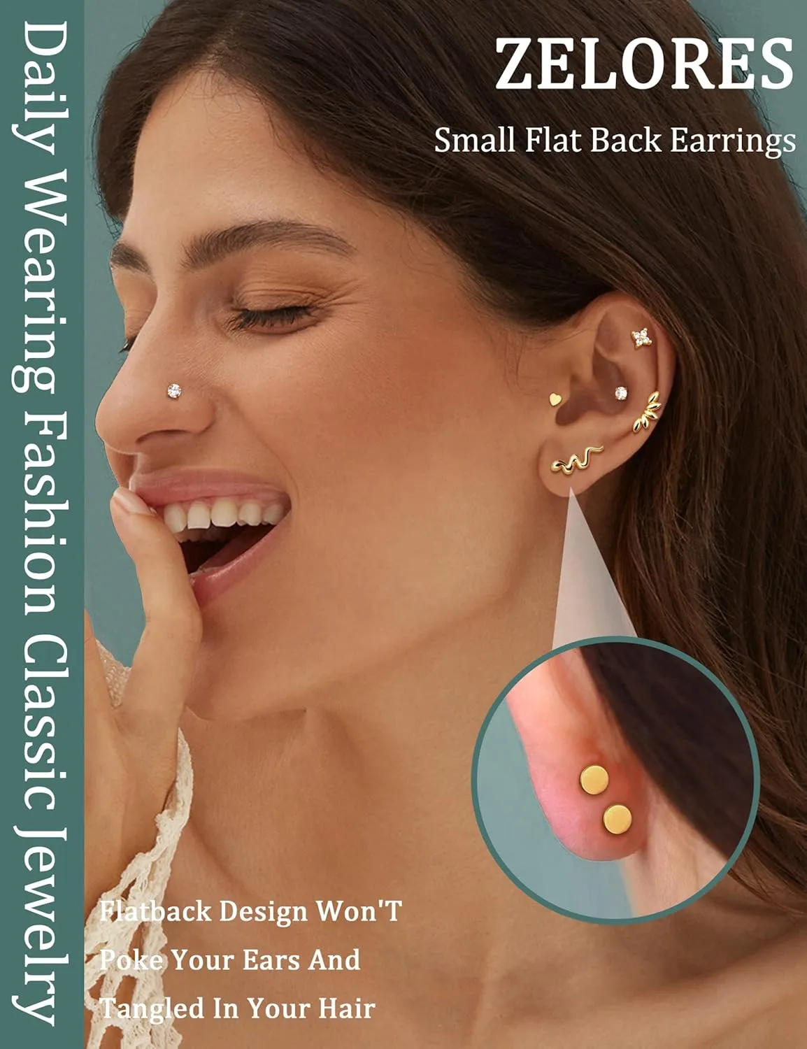 20G/16G Threadless Flat Back Earrings for Women 316L Surgical Steel Push in CZ Cartilage Stud Earrings Hypoallergenic Nose Rings Studs Conch Tragus Body Piercing Jewelry 6mm 7mm 8mm Length