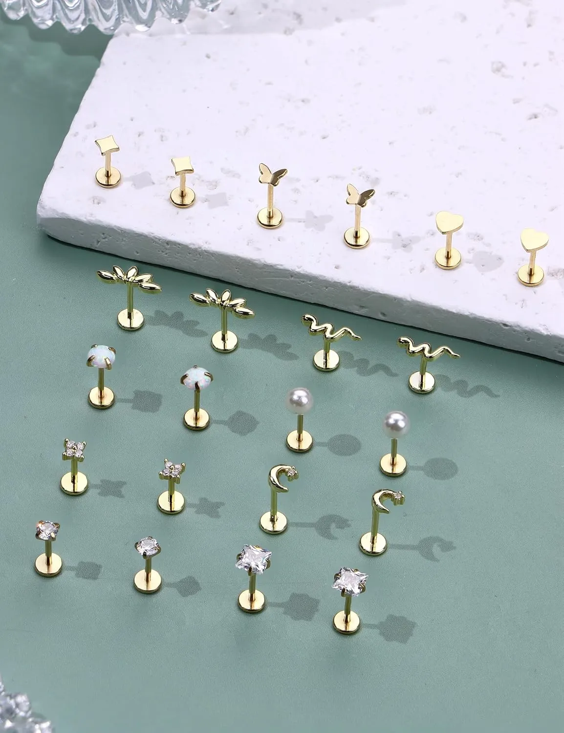 20G/16G Threadless Flat Back Earrings for Women 316L Surgical Steel Push in CZ Cartilage Stud Earrings Hypoallergenic Nose Rings Studs Conch Tragus Body Piercing Jewelry 6mm 7mm 8mm Length