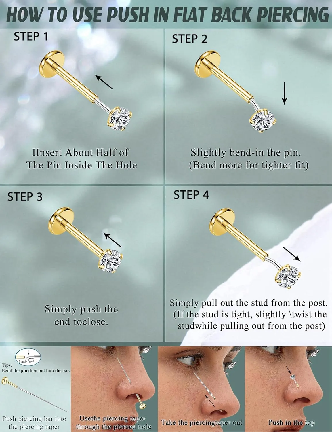 20G/16G Threadless Flat Back Earrings for Women 316L Surgical Steel Push in CZ Cartilage Stud Earrings Hypoallergenic Nose Rings Studs Conch Tragus Body Piercing Jewelry 6mm 7mm 8mm Length