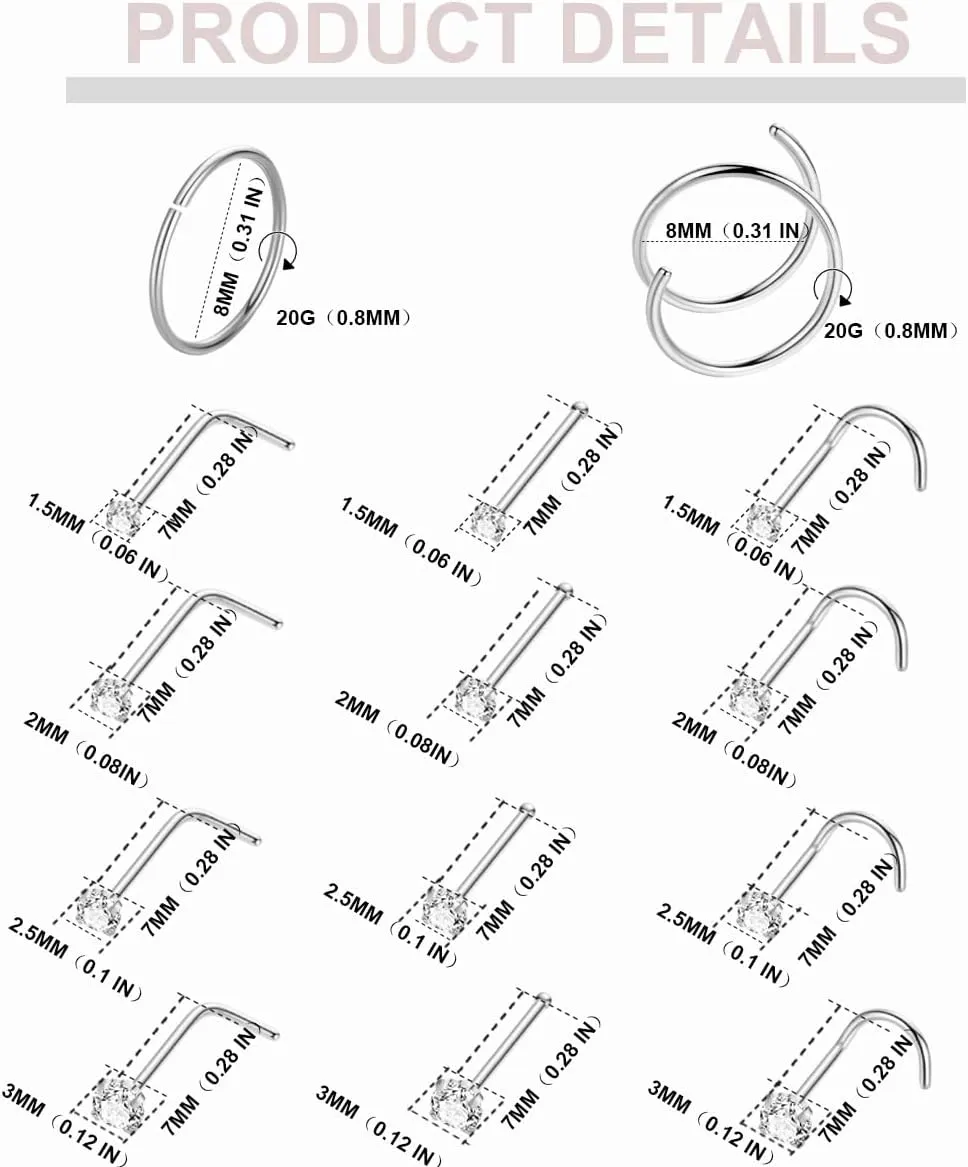 21PCS 18G 20G 22G 316L Stainless Steel Nose Rings Hoop for Women Men Double Nose Ring CZ Nose Stud Piercing Jewelry