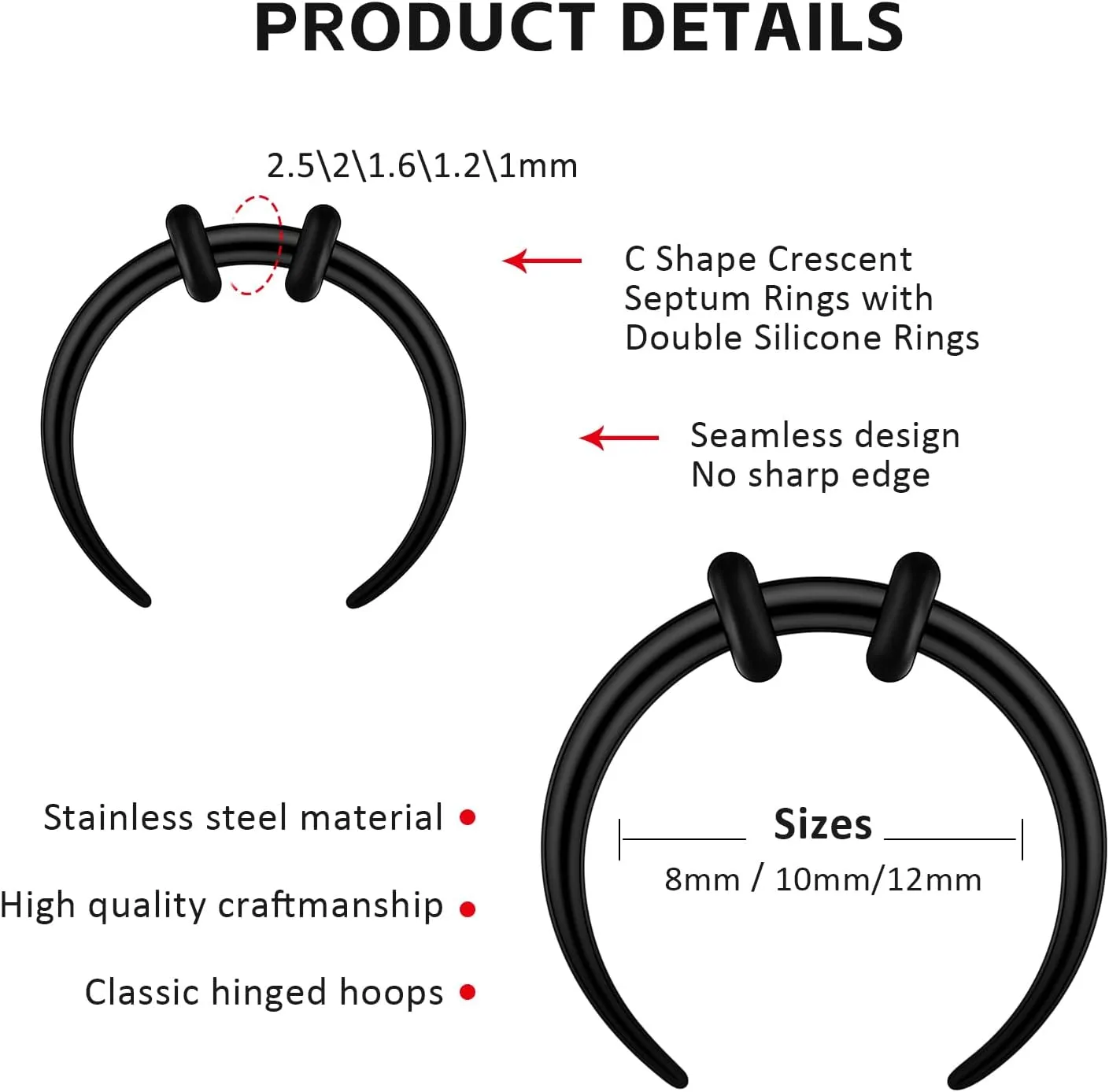 2/4 pcs Stainless Steel Nose Ear Rings Crescent Pincher Septum Taper Rings C Shape Buffalo Horseshoes Hoops Body Piercing Jewelry 10-18G