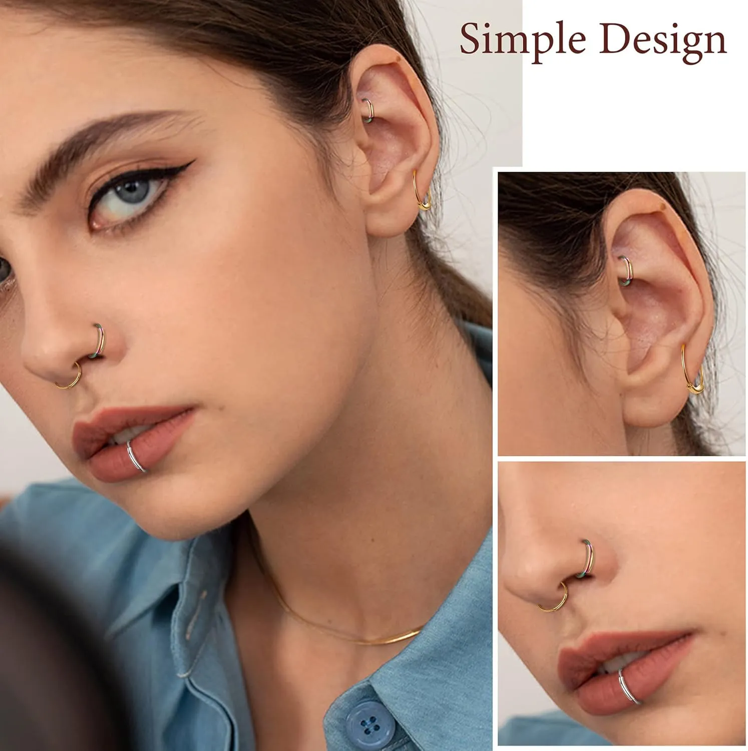 24pcs Nose Ring Hoop Septum Ring Stainless Steel Helix Tragus Cartilage Lip Hoop Nose Ring 22g Nose Piercing Jewelry for Women 6mm 8mm 10mm 12mm
