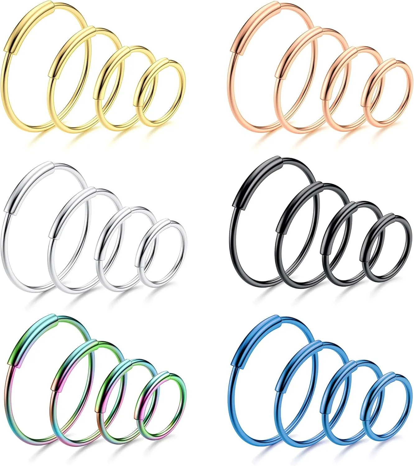 24pcs Nose Ring Hoop Septum Ring Stainless Steel Helix Tragus Cartilage Lip Hoop Nose Ring 22g Nose Piercing Jewelry for Women 6mm 8mm 10mm 12mm