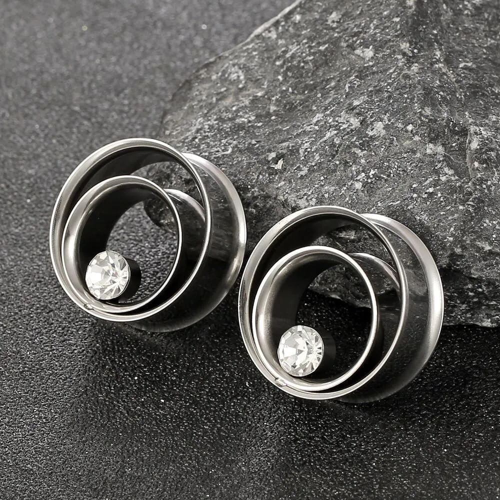 2PCS Double Tunneled Crystal Ear Plugs Tunnels Hypoallergenic 316 Stainless Steel Ear Gauges 8mm-25mm (0G-1") Body Piercing Jewelry for Women Men