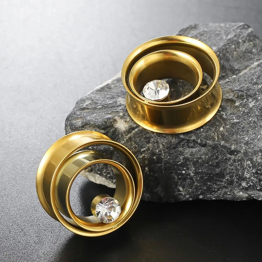 2PCS Double Tunneled Crystal Ear Plugs Tunnels Hypoallergenic 316 Stainless Steel Ear Gauges 8mm-25mm (0G-1") Body Piercing Jewelry for Women Men