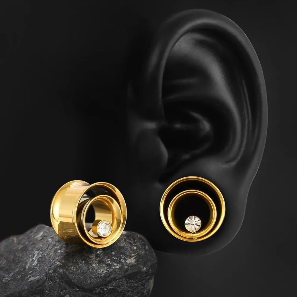 2PCS Double Tunneled Crystal Ear Plugs Tunnels Hypoallergenic 316 Stainless Steel Ear Gauges 8mm-25mm (0G-1") Body Piercing Jewelry for Women Men