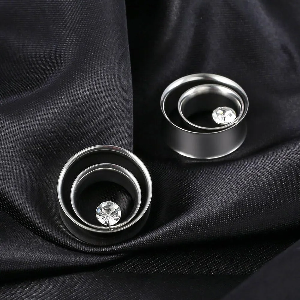 2PCS Double Tunneled Crystal Ear Plugs Tunnels Hypoallergenic 316 Stainless Steel Ear Gauges 8mm-25mm (0G-1") Body Piercing Jewelry for Women Men