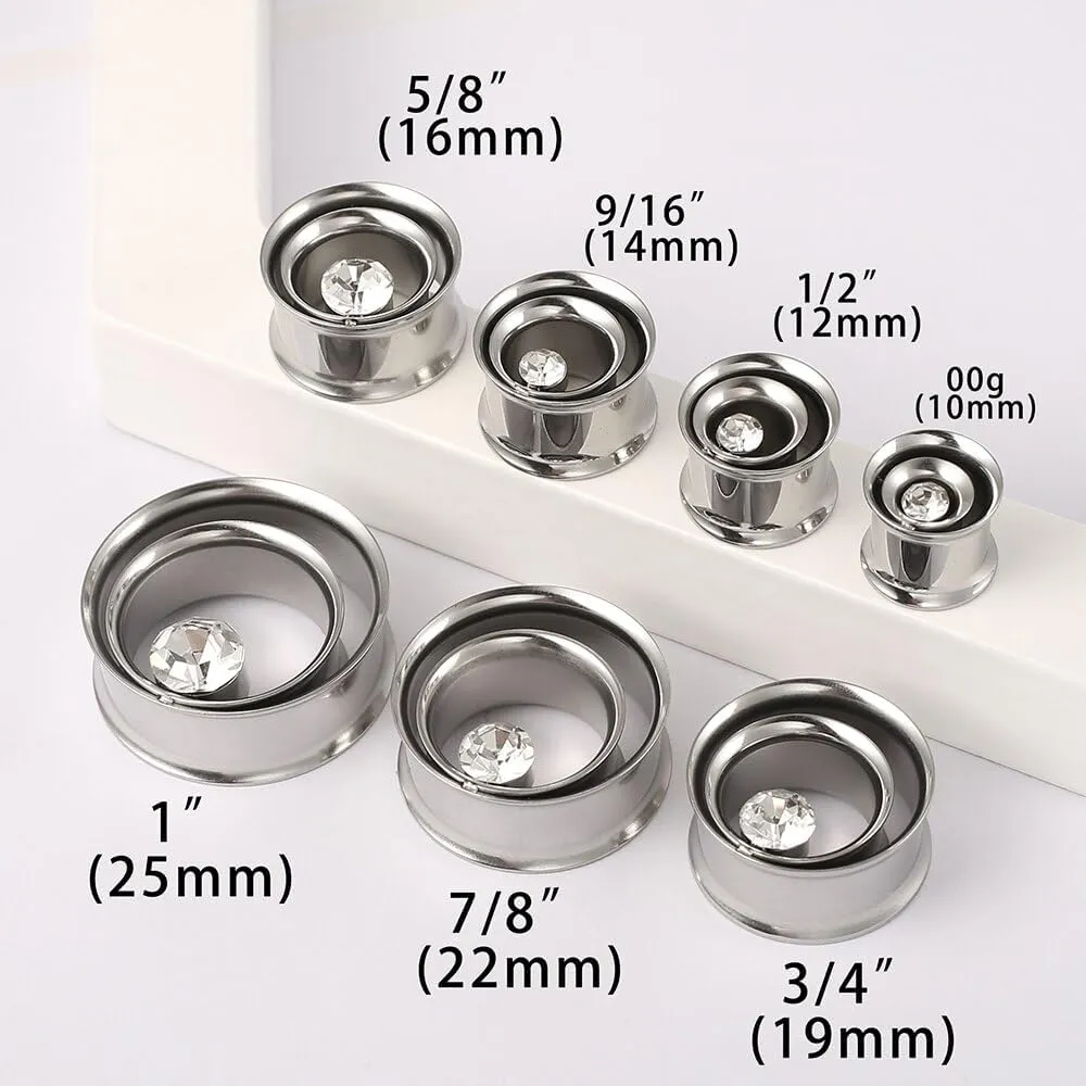 2PCS Double Tunneled Crystal Ear Plugs Tunnels Hypoallergenic 316 Stainless Steel Ear Gauges 8mm-25mm (0G-1") Body Piercing Jewelry for Women Men