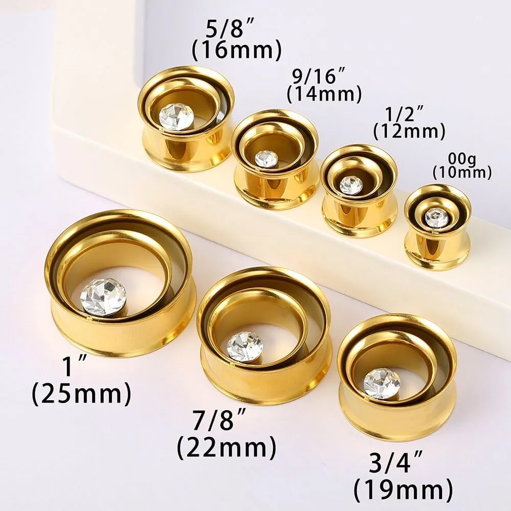 2PCS Double Tunneled Crystal Ear Plugs Tunnels Hypoallergenic 316 Stainless Steel Ear Gauges 8mm-25mm (0G-1") Body Piercing Jewelry for Women Men