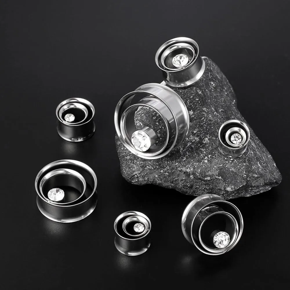 2PCS Double Tunneled Crystal Ear Plugs Tunnels Hypoallergenic 316 Stainless Steel Ear Gauges 8mm-25mm (0G-1") Body Piercing Jewelry for Women Men