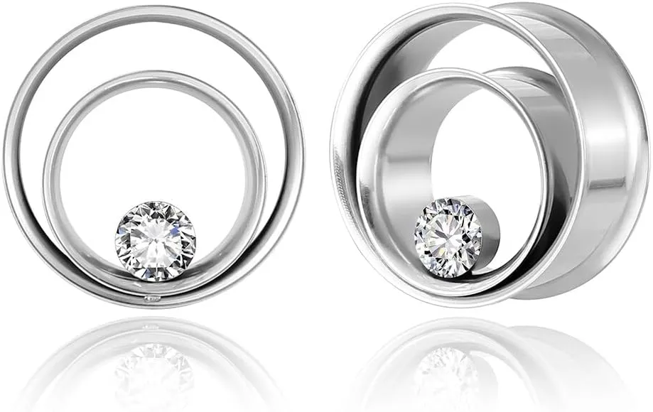 2PCS Double Tunneled Crystal Ear Plugs Tunnels Hypoallergenic 316 Stainless Steel Ear Gauges 8mm-25mm (0G-1") Body Piercing Jewelry for Women Men