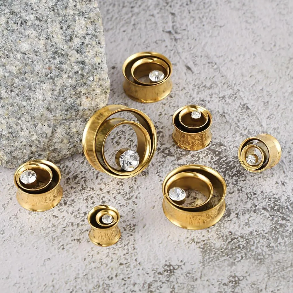 2PCS Double Tunneled Crystal Ear Plugs Tunnels Hypoallergenic 316 Stainless Steel Ear Gauges 8mm-25mm (0G-1") Body Piercing Jewelry for Women Men