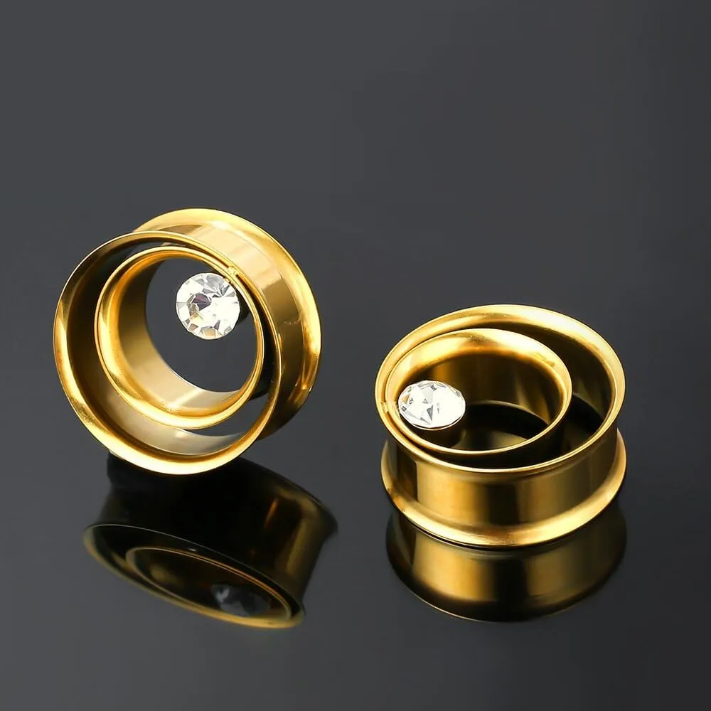 2PCS Double Tunneled Crystal Ear Plugs Tunnels Hypoallergenic 316 Stainless Steel Ear Gauges 8mm-25mm (0G-1") Body Piercing Jewelry for Women Men
