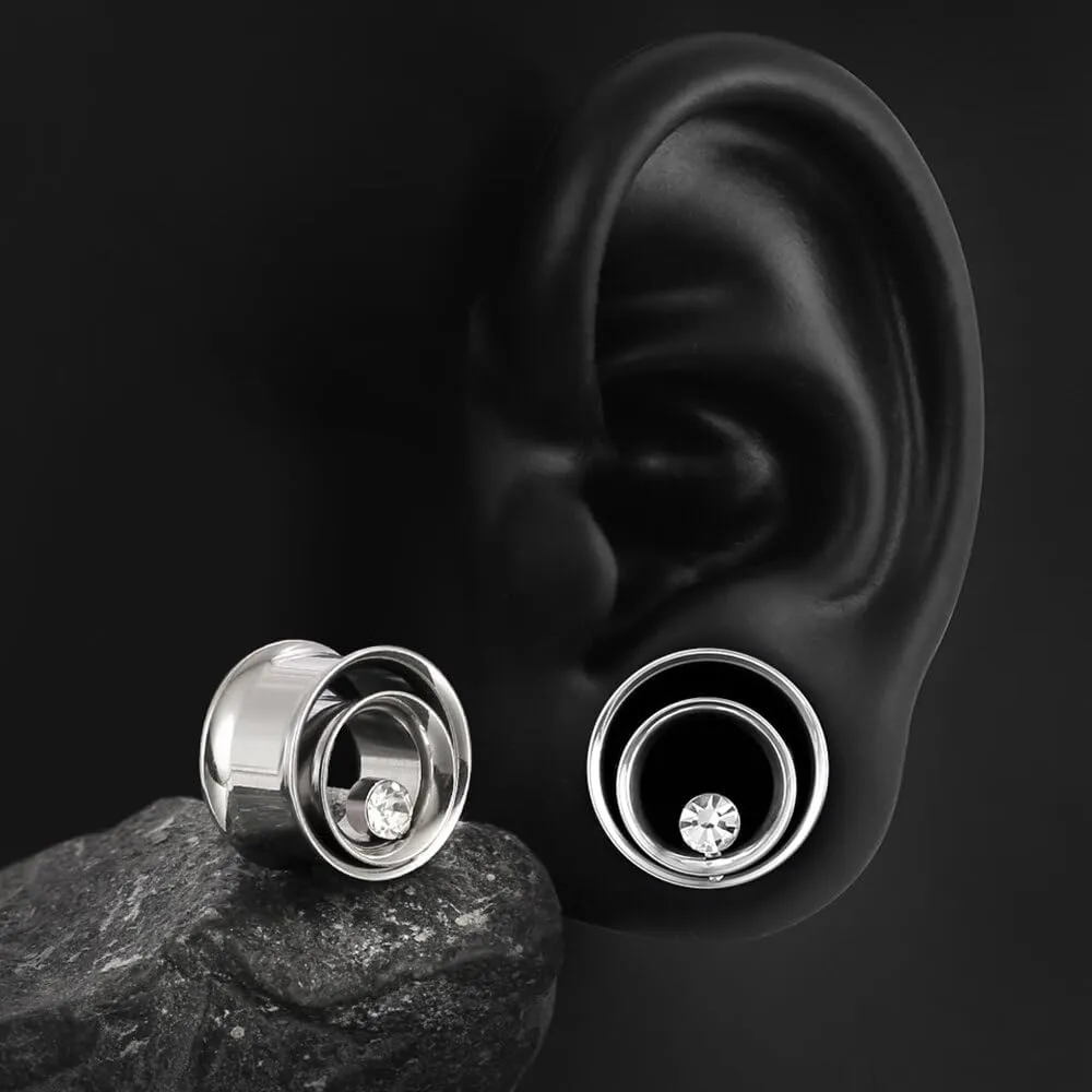 2PCS Double Tunneled Crystal Ear Plugs Tunnels Hypoallergenic 316 Stainless Steel Ear Gauges 8mm-25mm (0G-1") Body Piercing Jewelry for Women Men