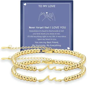 2Pcs Matching Wave Bracelets for Couples Pinky Promise Bracelet for Girlfriend Boyfriend Wife Soul Sister Best Friends Long Distance Relationship Gifts for Her Him