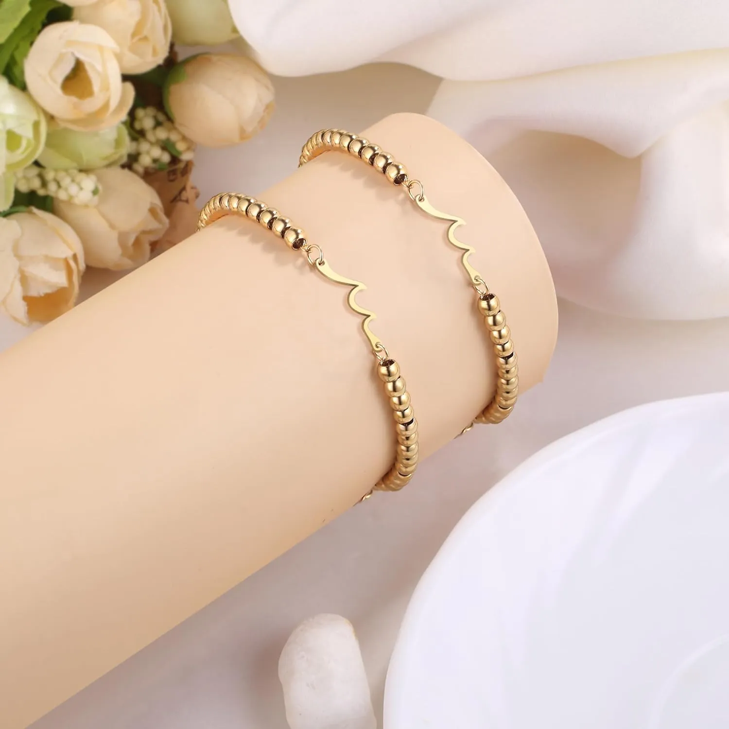 2Pcs Matching Wave Bracelets for Couples Pinky Promise Bracelet for Girlfriend Boyfriend Wife Soul Sister Best Friends Long Distance Relationship Gifts for Her Him