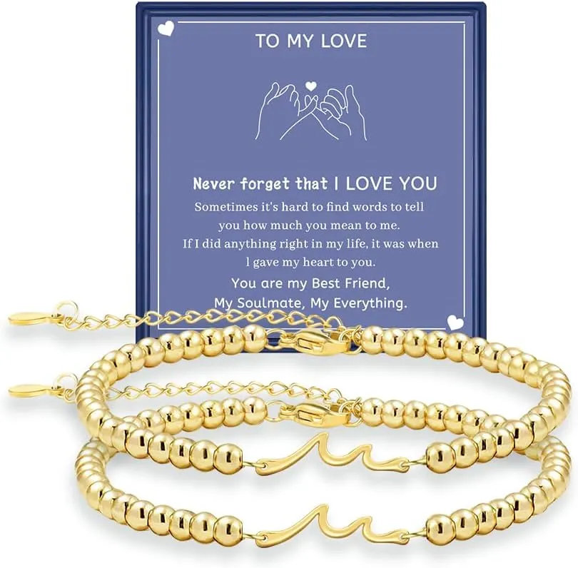 2Pcs Matching Wave Bracelets for Couples Pinky Promise Bracelet for Girlfriend Boyfriend Wife Soul Sister Best Friends Long Distance Relationship Gifts for Her Him