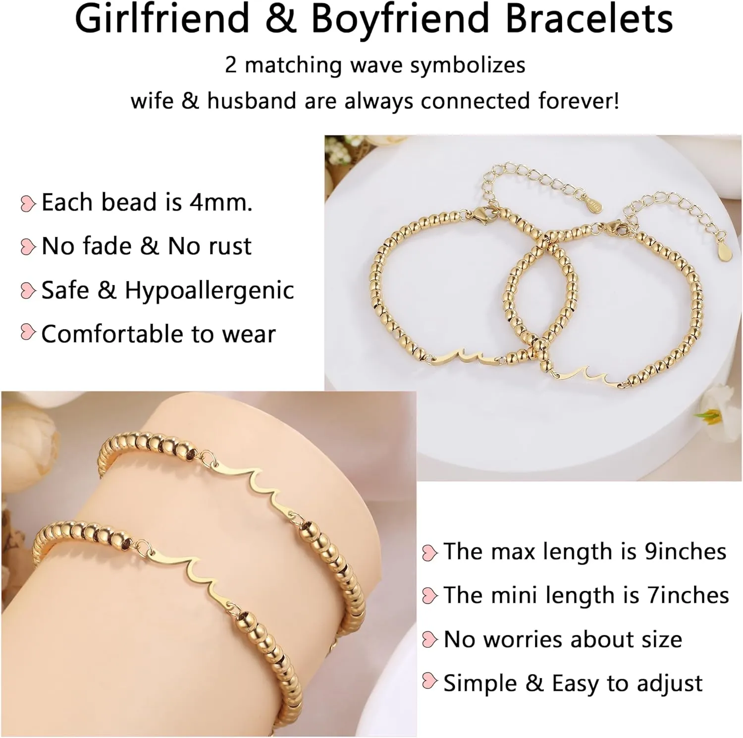 2Pcs Matching Wave Bracelets for Couples Pinky Promise Bracelet for Girlfriend Boyfriend Wife Soul Sister Best Friends Long Distance Relationship Gifts for Her Him