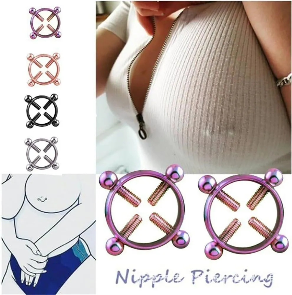 2Pcs Round Non-Piercing Nipple Rings Stainless Steel Fake Nipple Rings Shield Barbell Ring Nipple Jewelry Summer Beach Body Jewelry for Women