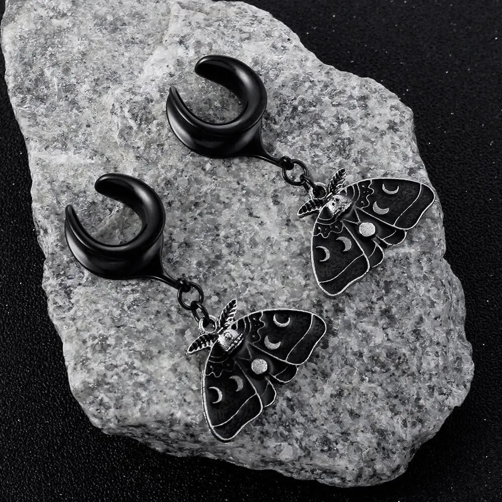 2PCS Saddle Dangle Gauges Black Butterfly Ear Plugs Tunnels Hypoallergenic 316 Stainless Steel Body Piercing Jewelry for Women Men