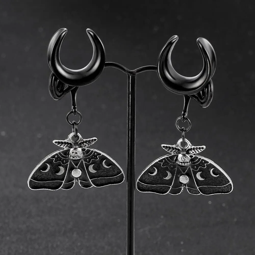 2PCS Saddle Dangle Gauges Black Butterfly Ear Plugs Tunnels Hypoallergenic 316 Stainless Steel Body Piercing Jewelry for Women Men