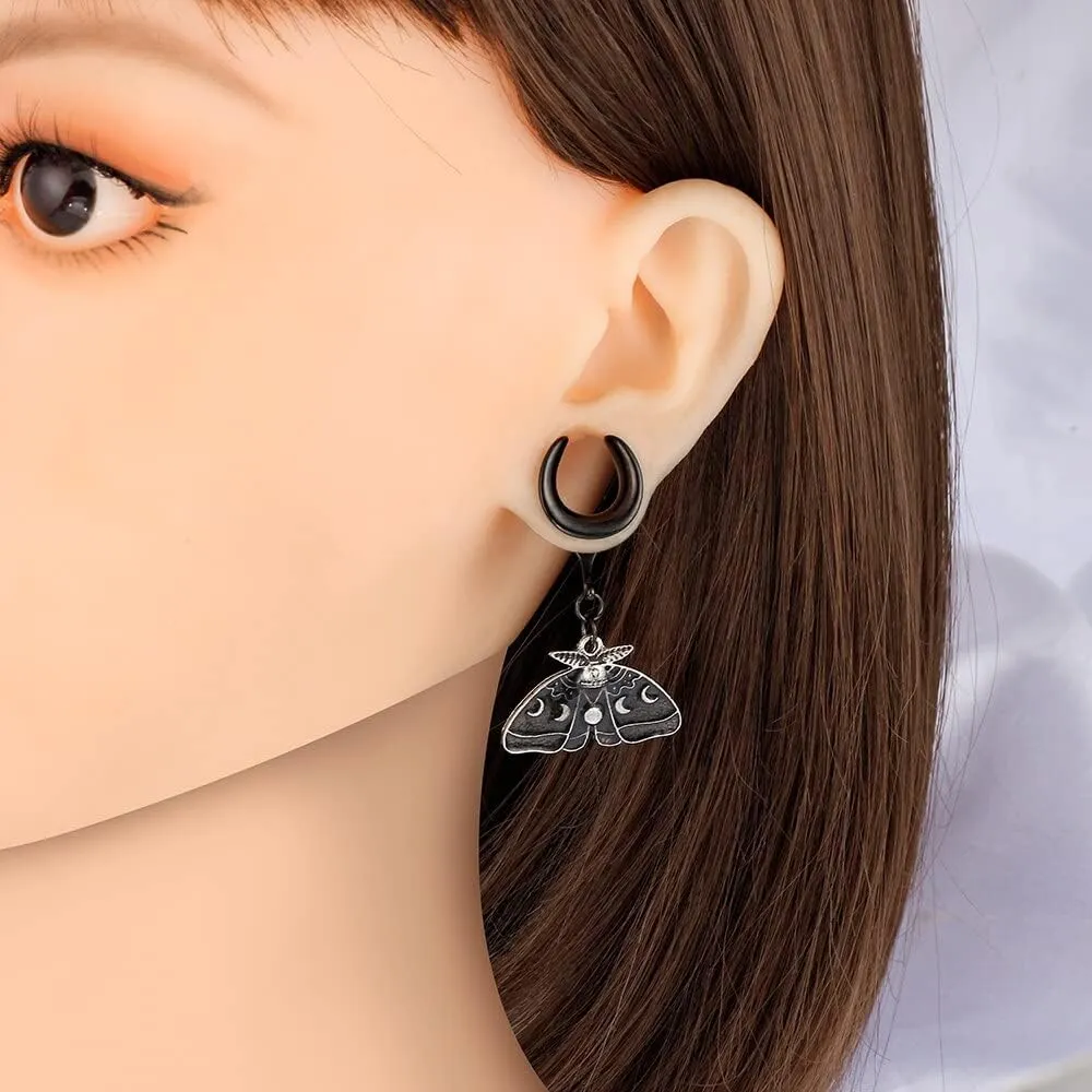 2PCS Saddle Dangle Gauges Black Butterfly Ear Plugs Tunnels Hypoallergenic 316 Stainless Steel Body Piercing Jewelry for Women Men