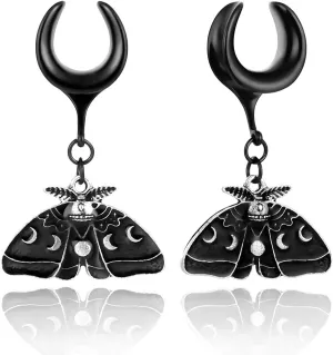 2PCS Saddle Dangle Gauges Black Butterfly Ear Plugs Tunnels Hypoallergenic 316 Stainless Steel Body Piercing Jewelry for Women Men