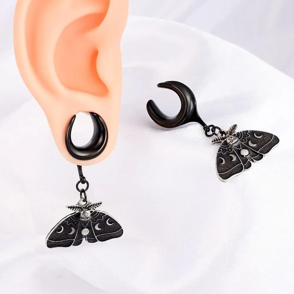 2PCS Saddle Dangle Gauges Black Butterfly Ear Plugs Tunnels Hypoallergenic 316 Stainless Steel Body Piercing Jewelry for Women Men