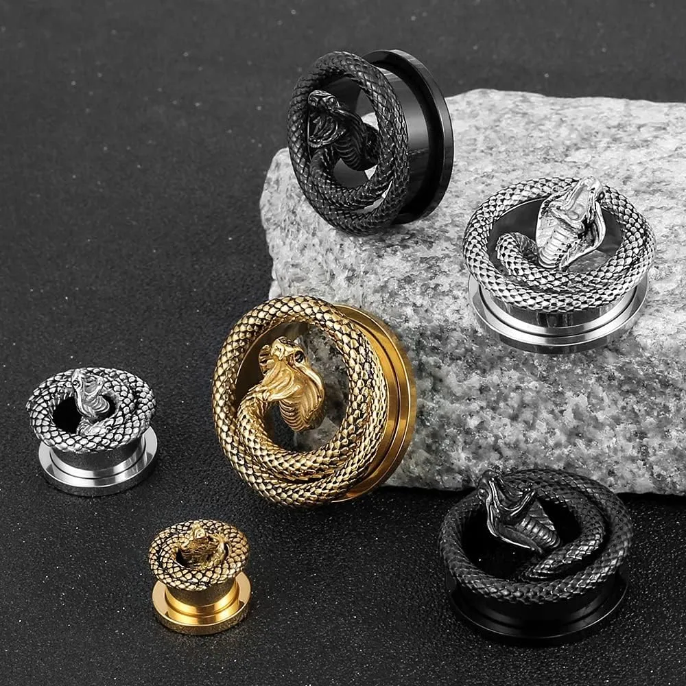 2PCS Snake Ear Plugs Gauges for Stretched Ears Hypoallergenic 316 Stainless Steel Ear Tunnels 8mm-25mm (0G-1") Body Piercing Jewelry for Women Men