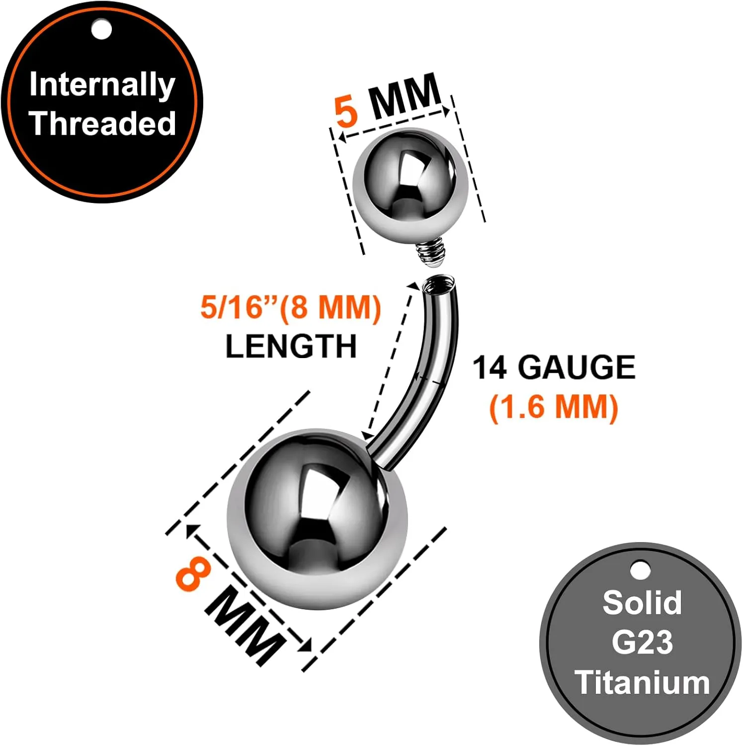 2PCS Titanium G23 Internally navel sexy belly rings for women 14g 1.6mm Ball Earrings Piercing Jewelry Pick Size