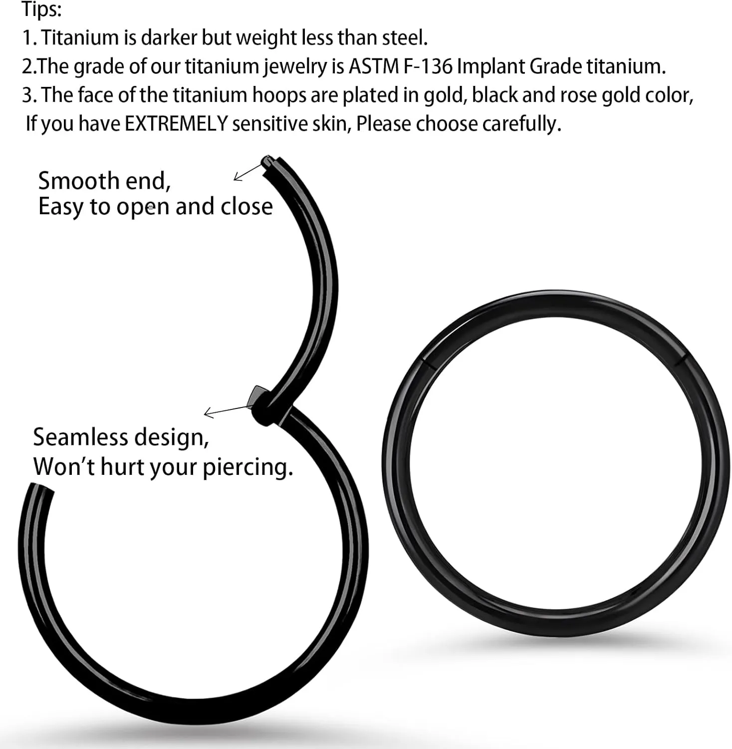 2Pcs Titanium Nose Rings 20G 18G 16G Nose Rings Hoops Septum Clicker Hinged Segment Ring Cartilage Helix Tragus Conch Daith Rook Nostril Hoop Piercing Earring, Diameter 5mm to 12mm Silver-Gold-Rose Gold-Black