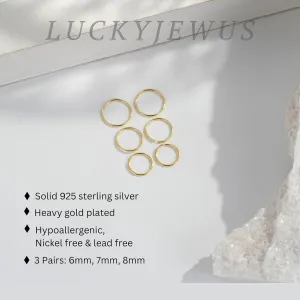 3 Pairs 14K Gold Plated 925 Sterling Silver Thin Small Gold Hoop Earrings Set for Women -Tiny Cartilage Hoop Earring, Nose Rings Hoops, Mini Helix Piercing Jewelry, Dainty Tragus Earrings, 6mm 7mm 8mm