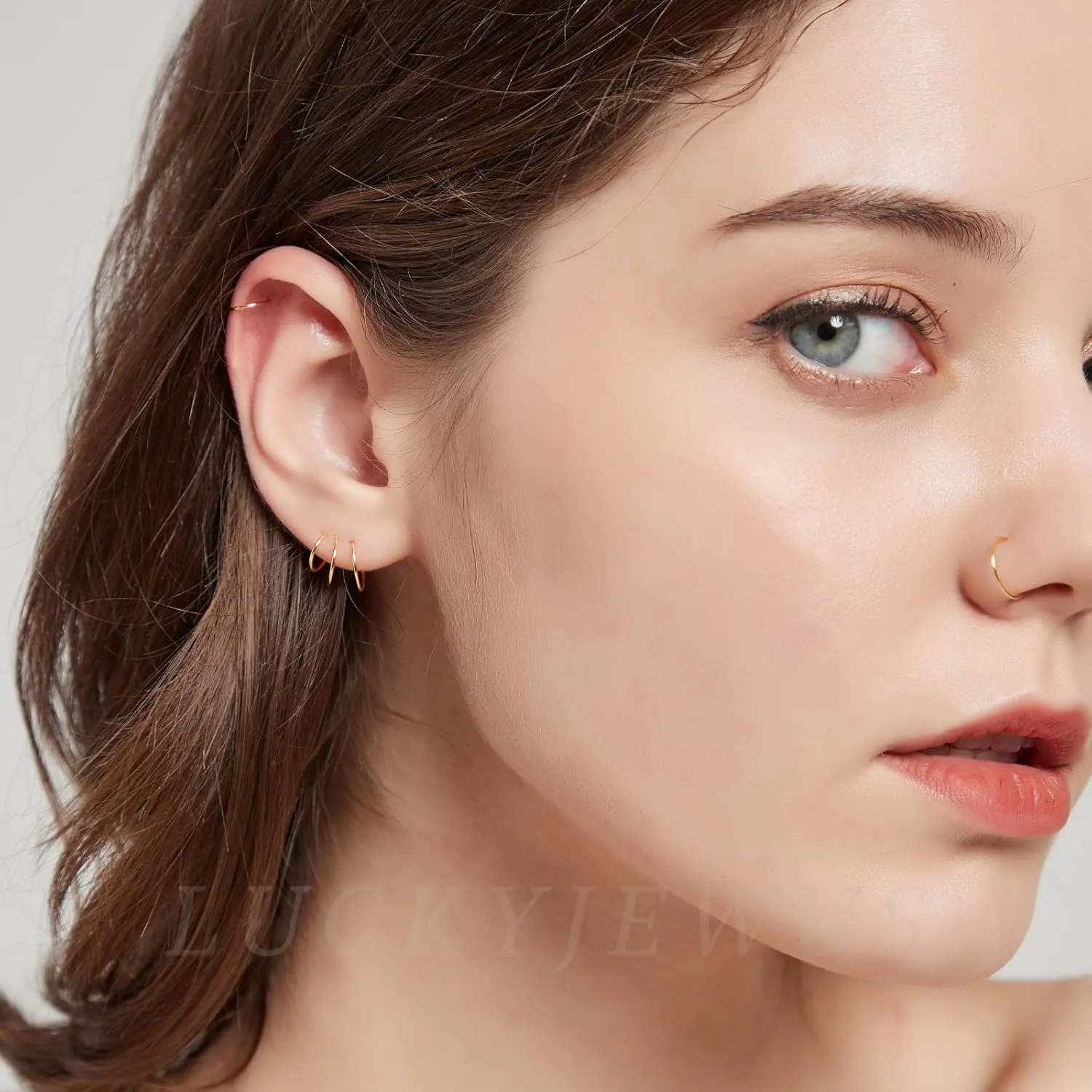 3 Pairs 14K Gold Plated 925 Sterling Silver Thin Small Gold Hoop Earrings Set for Women -Tiny Cartilage Hoop Earring, Nose Rings Hoops, Mini Helix Piercing Jewelry, Dainty Tragus Earrings, 6mm 7mm 8mm